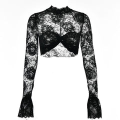 Sheer mesh see through solid flared sleeve ruched crop top