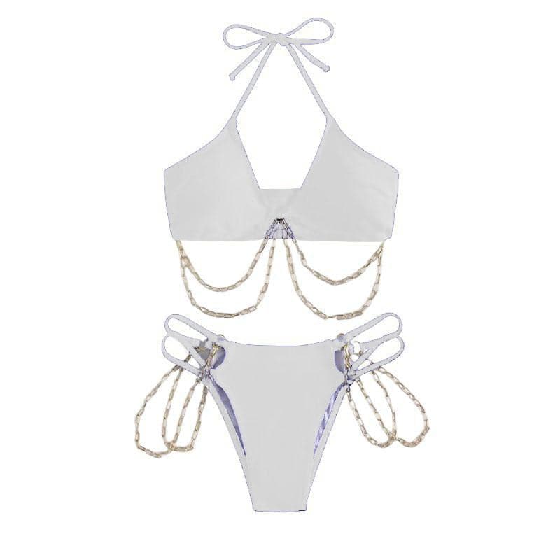 Metal chain solid padded hollow out halter self tie bikini swimwear