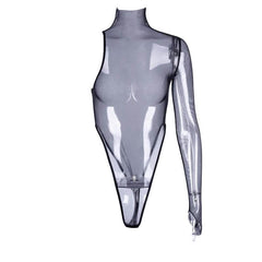 Sheer mesh see through one shoulder irregular gloves bodysuit