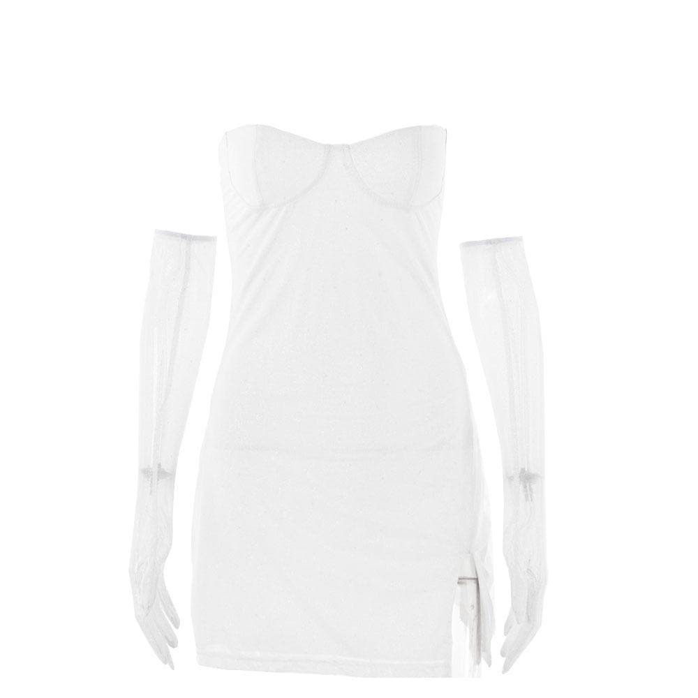 Textured mesh gloves sweetheart neck zip-up slit cami mini dress