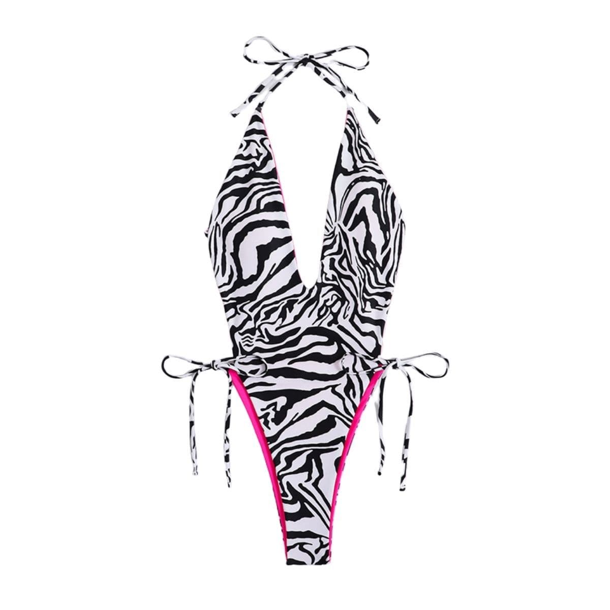 Zebra print v neck halter contrast self tie backless one piece swimwear