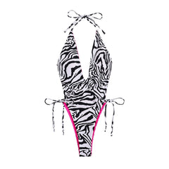 Zebra print v neck halter contrast self tie backless one piece swimwear