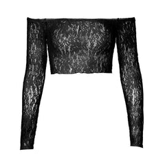 Off shoulder long sleeve lace see through solid crop top