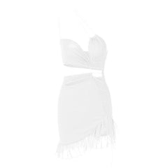 Irregular hollow out ruffle backless one shoulder spaghetti strap mini dress