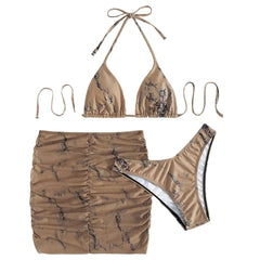 Contrast halter ruched self tie mesh mini skirt 3 piece swimwear