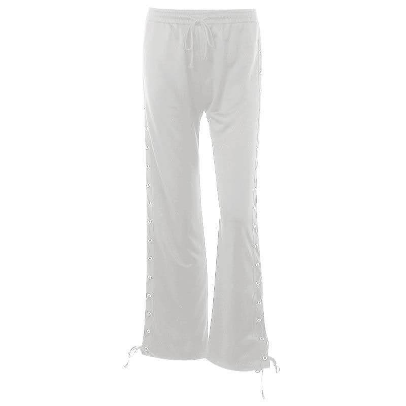 Lace up solid hollow out medium rise pant