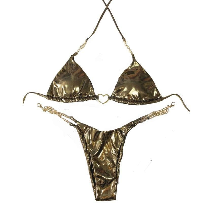 Solid metallic metal chain o ring halter bikini swimwear