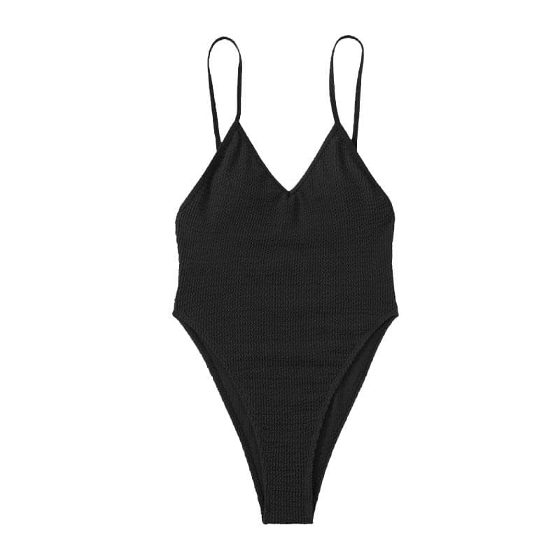 Textured v neck solid padded backless one piece swimwear