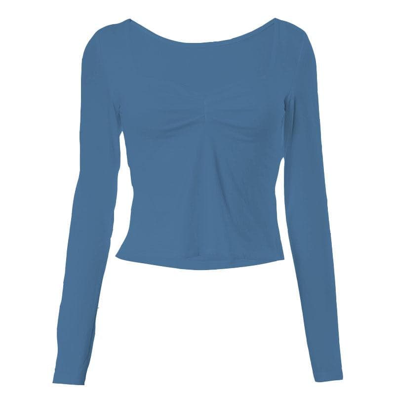 Square neck ruched long sleeve slit solid top