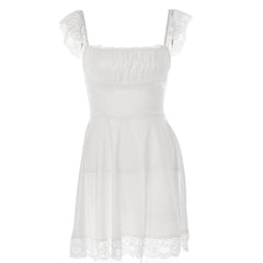 Lace hem solid cap sleeve zip-up ruched lace up mini dress