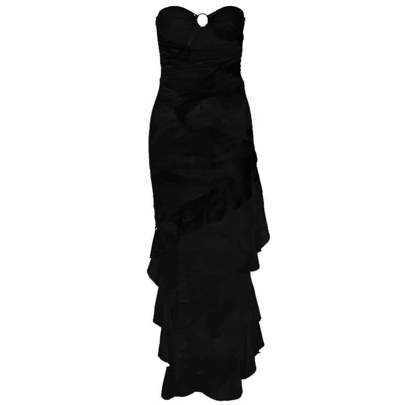 Ruffle o ring hollow out ruched irregular tube midi dress