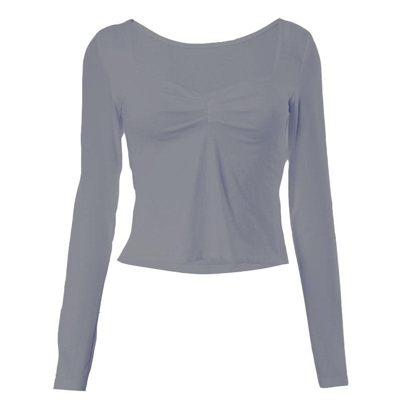 Square neck ruched long sleeve slit solid top