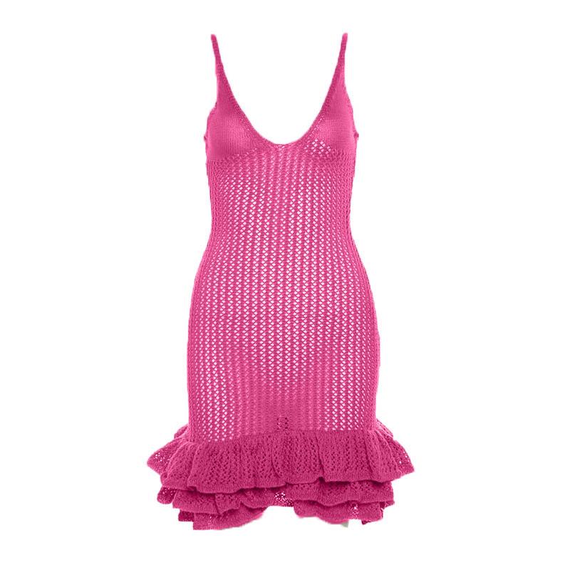 Crochet v neck sleeveless hollow out ruffle mini dress