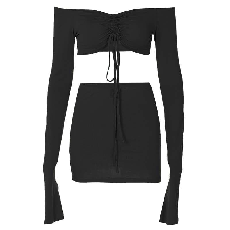 Drawstring off shoulder long sleeve solid mini skirt set