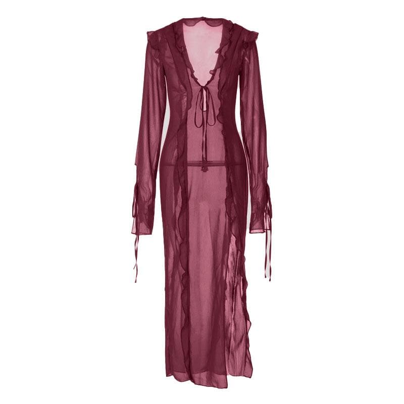 Slit chiffon see through long sleeve v neck self tie maxi dress