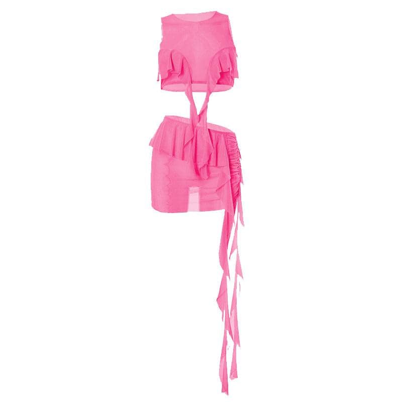 Sheer mesh see through solid ruffle ribbon sleeveless mini skirt set