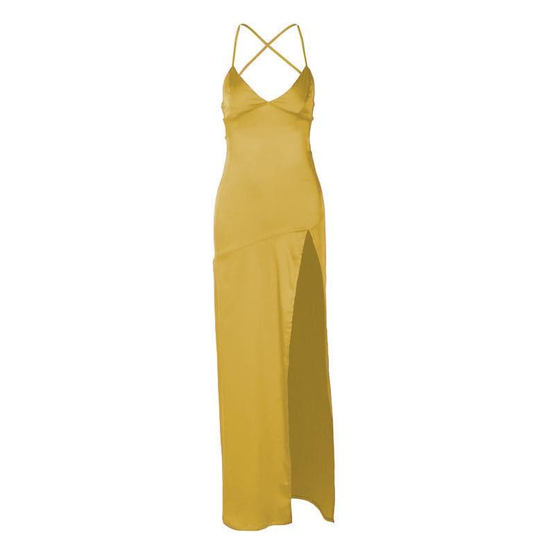 Slit cross back satin backless solid v neck maxi dress