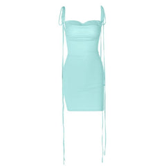 Ruched backless cowl neck solid self tie mini dress