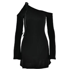 Self tie irregular one shoulder long sleeve solid mini dress