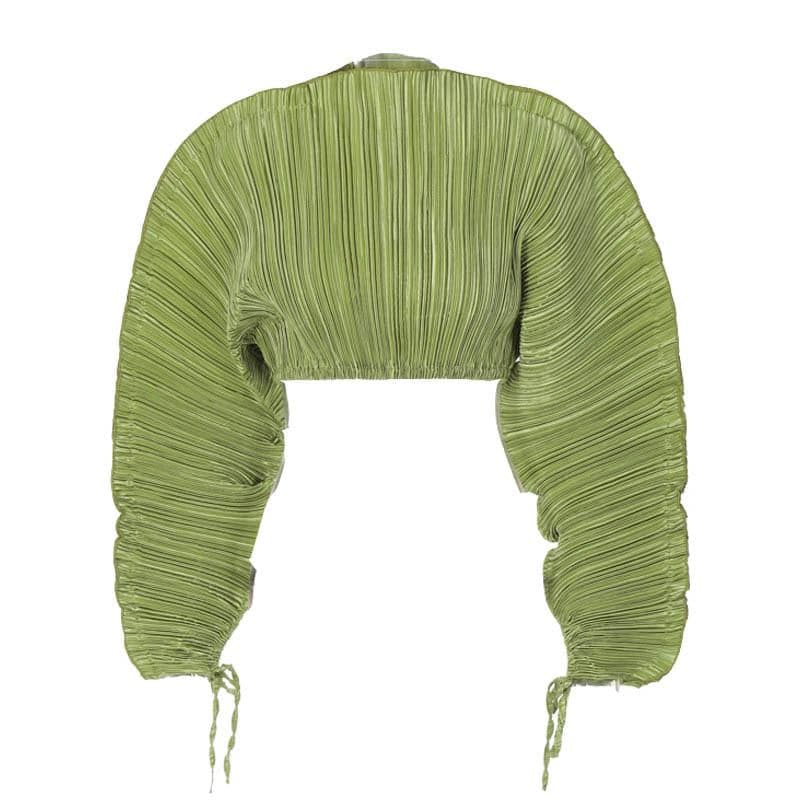 Textured solid high neck long puff sleeve self tie top