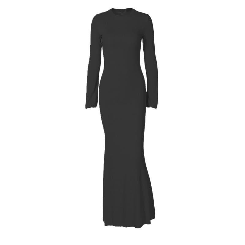Ruffle solid long sleeve crewneck ribbed maxi dress