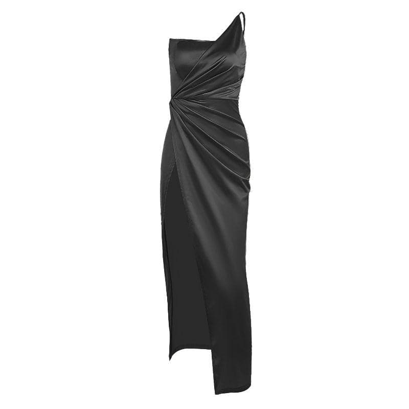 Sleeveless solid satin slit one shoulder ruched backless midi dress