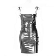 Sleeveless solid PU leather self tie backless mini dress