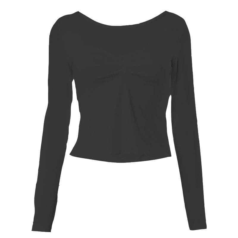 Square neck ruched long sleeve slit solid top