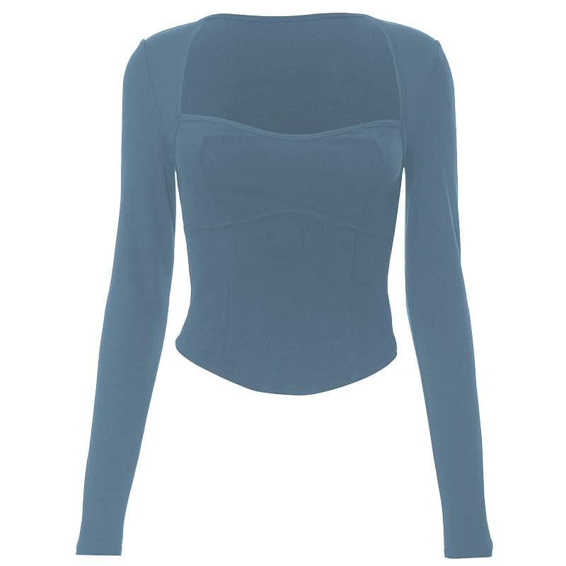 Ribbed long sleeve heart neck solid corset top