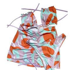 Drawstring contrast print padded halter backless 3 piece swimwear