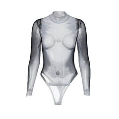 Sheer mesh see through body print high neck long sleeve bodysuit