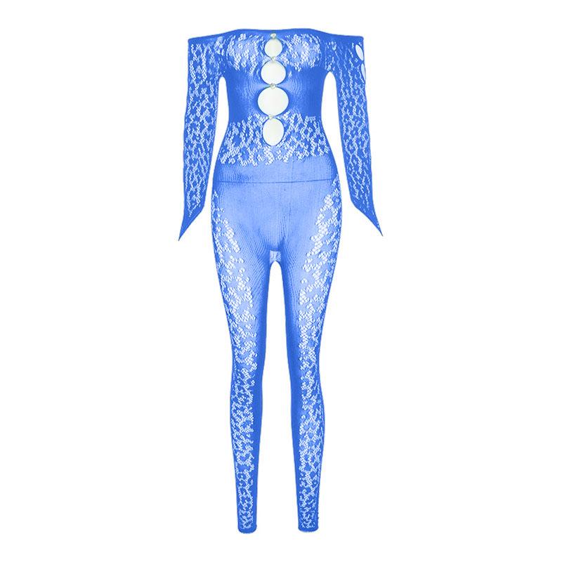 Hollow out gloves fishnet see through off shoulder long sleeve jumpsuit