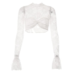 Sheer mesh see through solid flared sleeve ruched crop top
