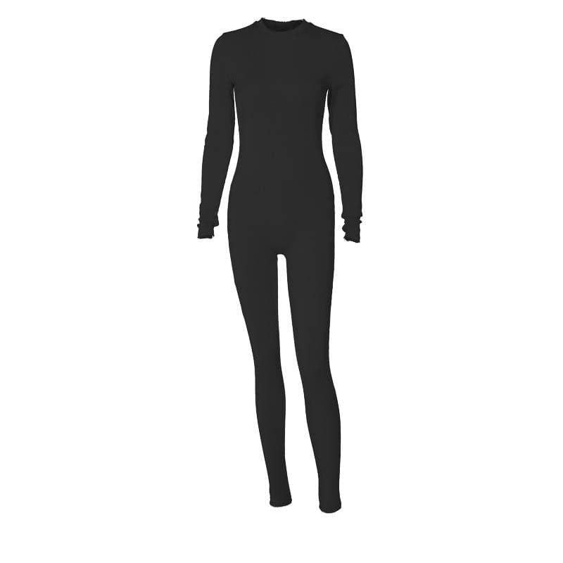 Ribbed long sleeve solid zip-up jumpsuit