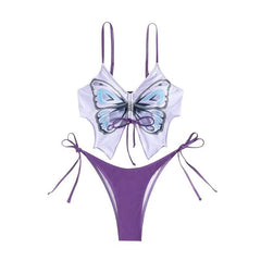 Butterfly pattern drawstring contrast self tie cami bikini swimwear