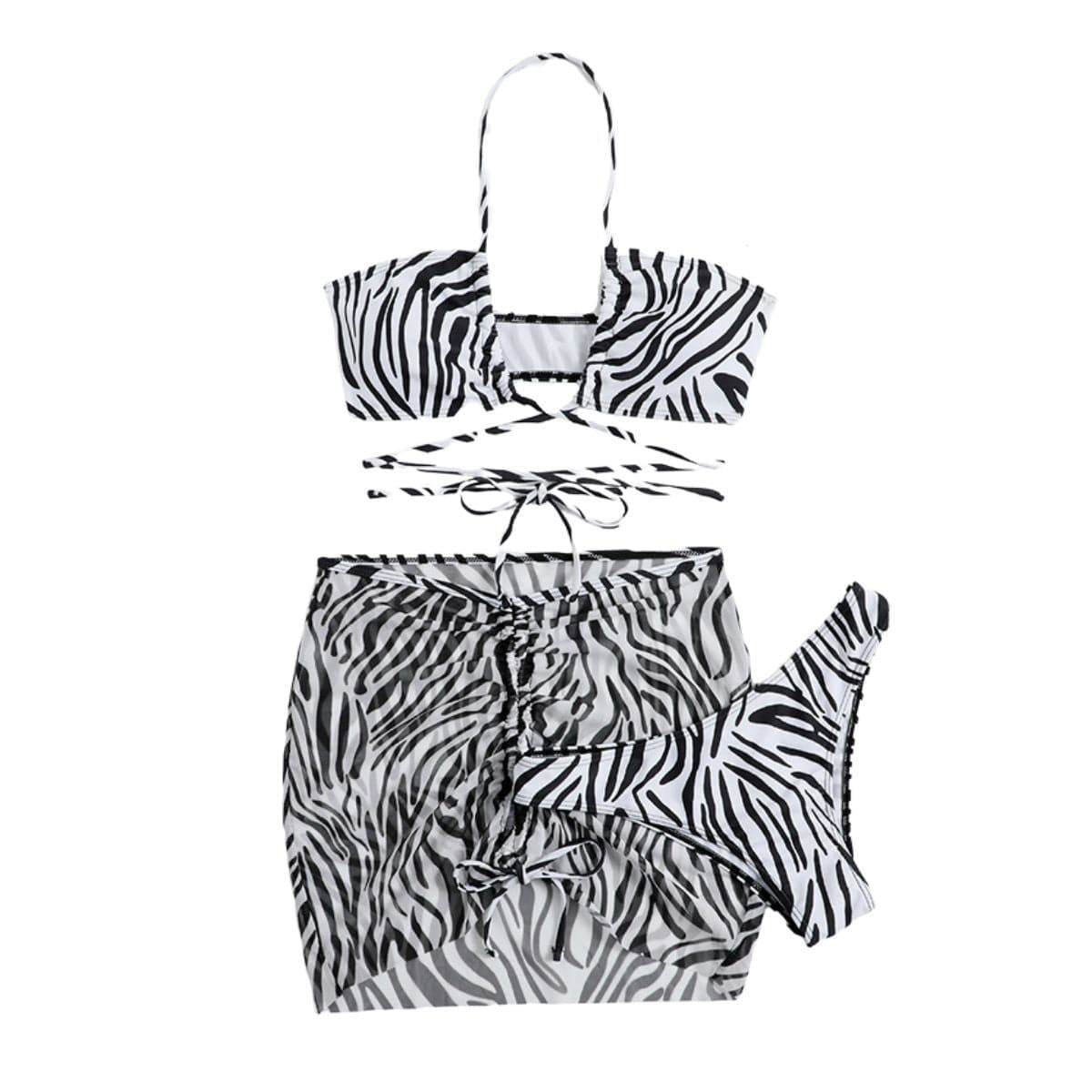 Zebra print mesh drawstring halter self tie 3 piece swimwear