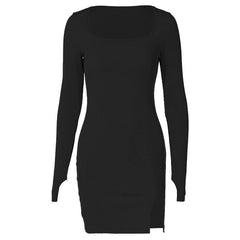 Ribbed solid square neck long sleeve gloves slit mini dress