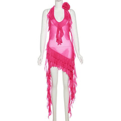 See through halter sheer mesh ruffle flower applique mini dress