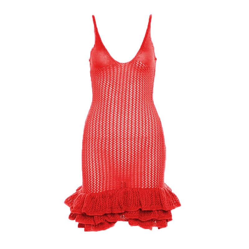 Crochet v neck sleeveless hollow out ruffle mini dress