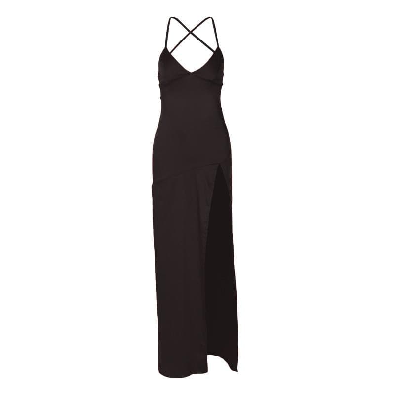 Slit cross back satin backless solid v neck maxi dress