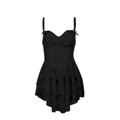 Ruffle bustier bowknot mesh lace up backless cami mini dress