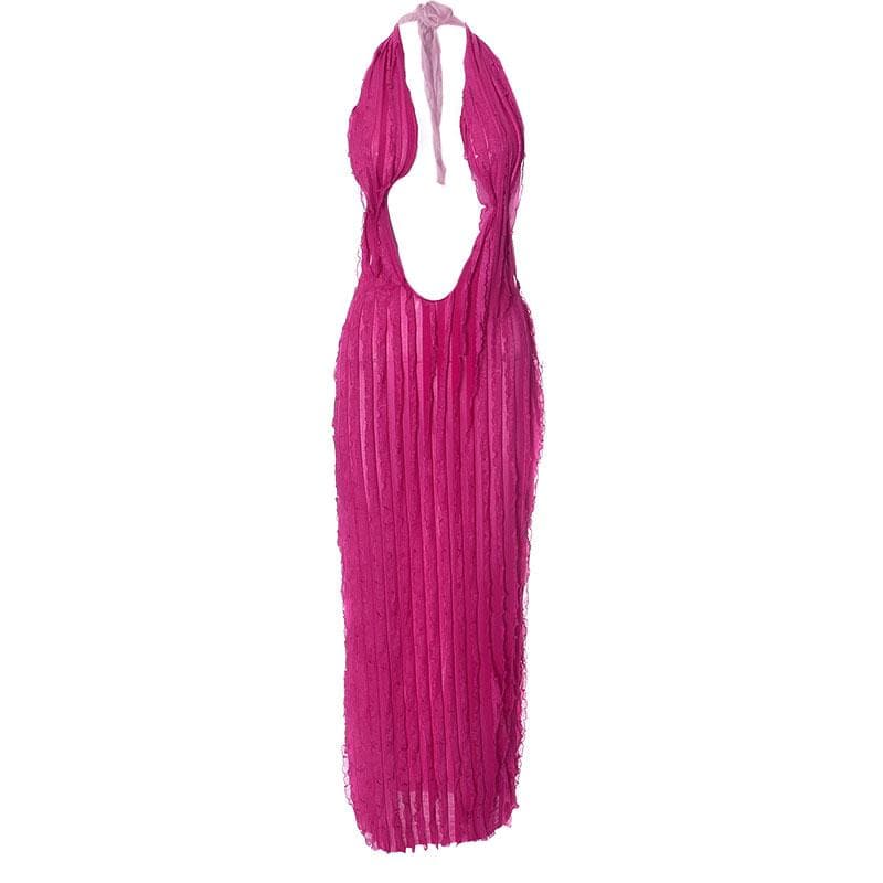 Textured ruffle solid halter self tie v neck backless maxi dress