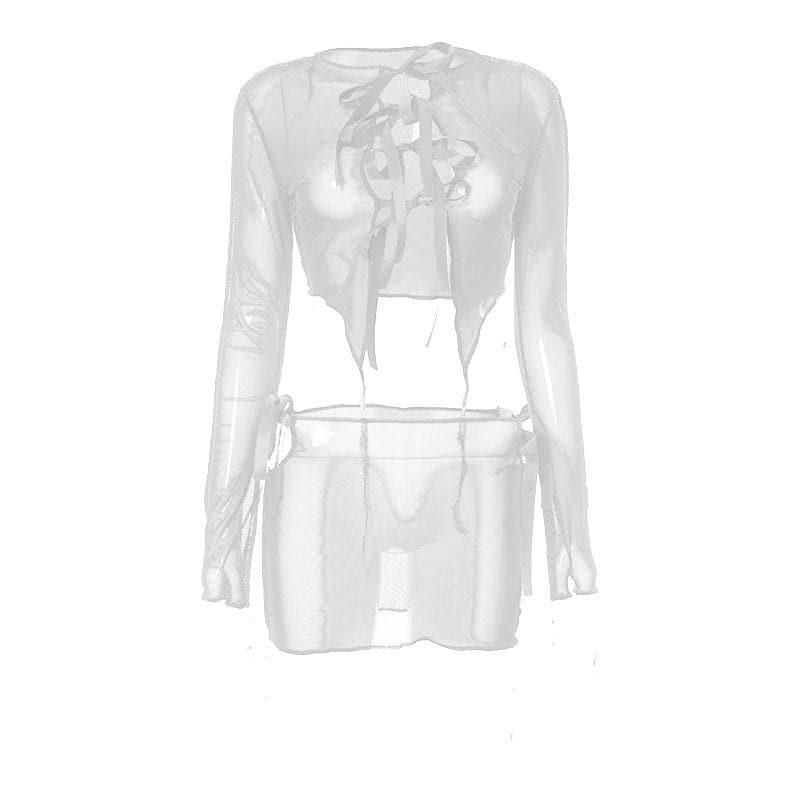 Sheer mesh see through self tie long sleeve solid mini skirt set