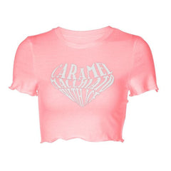 Contrast letter print ruffle crewneck crop top