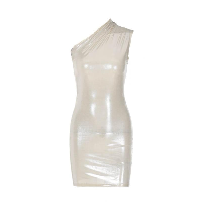 Metallic one shoulder ruched sleeveless irregular mini dress