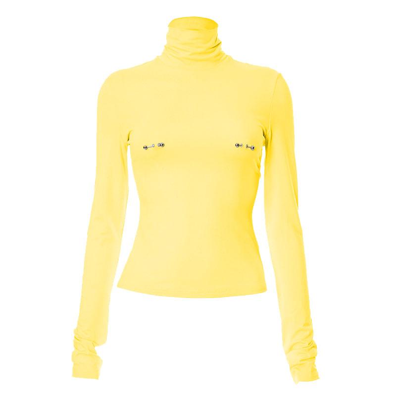 Metal applique turtle neck long sleeve solid top