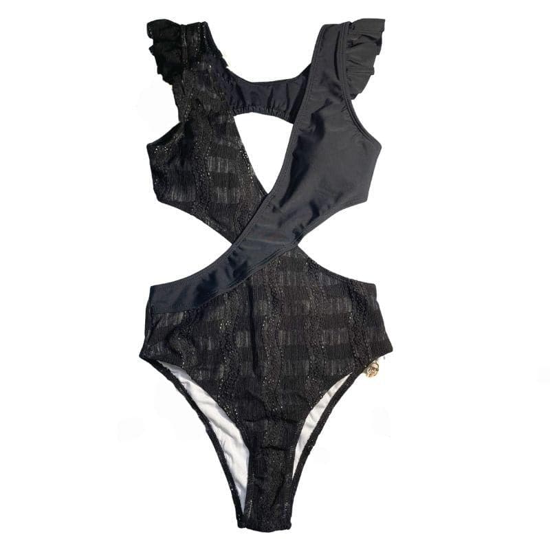 Hollow out textured ruffle padded one piece swimwear