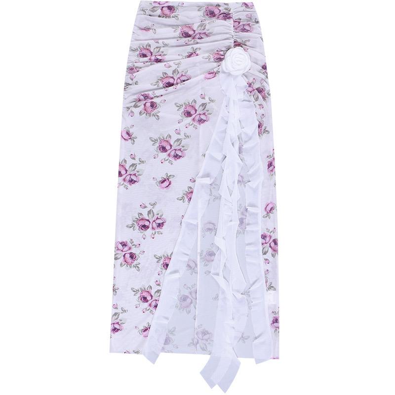 Sheer mesh see through flower print ruched slit midi skirt