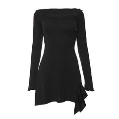 Ruffle solid long sleeve irregular off shoulder mini dress