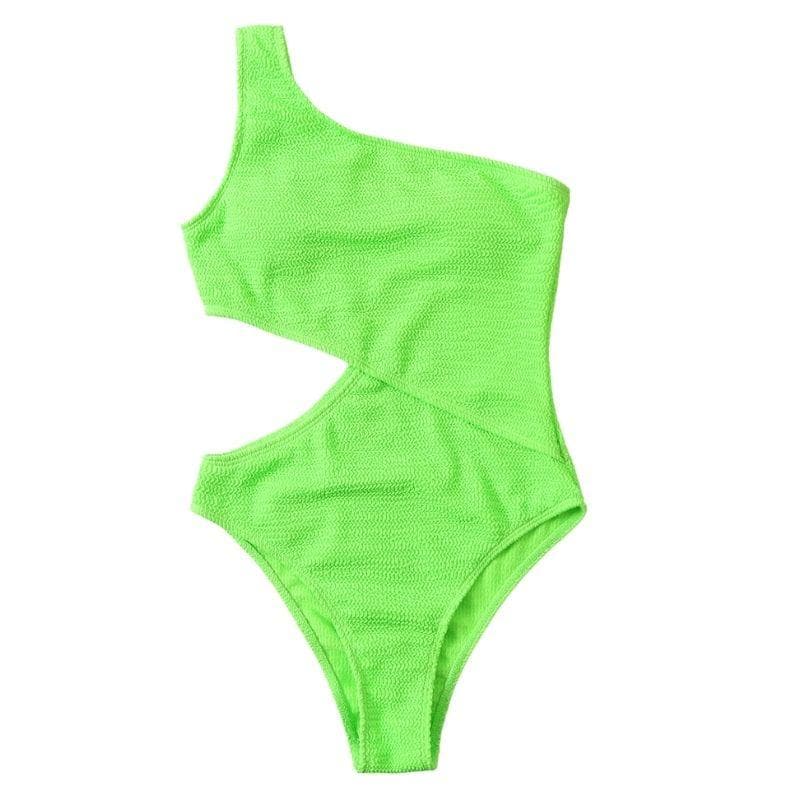 One shoulder textured solid hollow out one piece swimwear